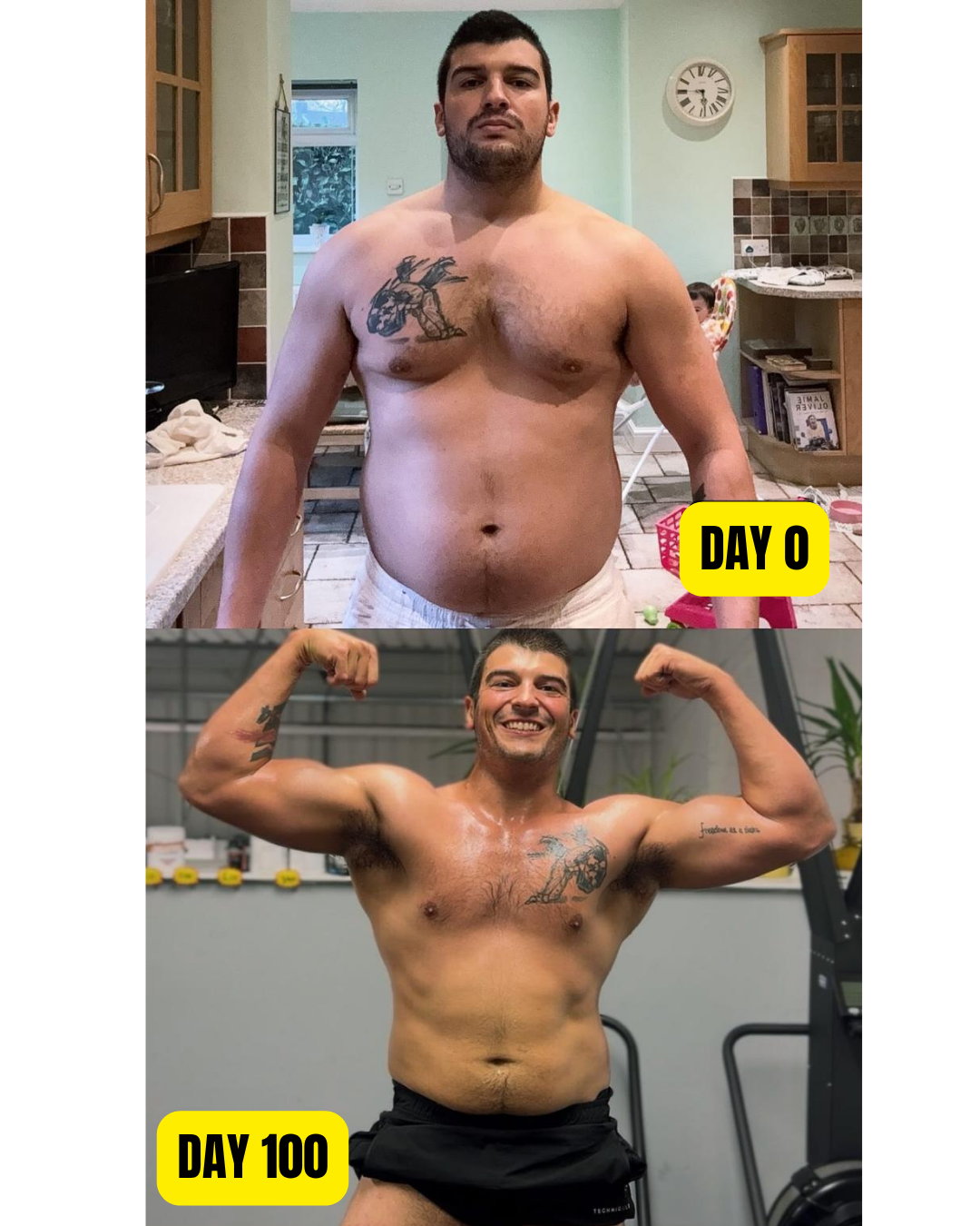 Mario's body transformation: Day 0 compared to Day 100, showing the result of the DAD100 system