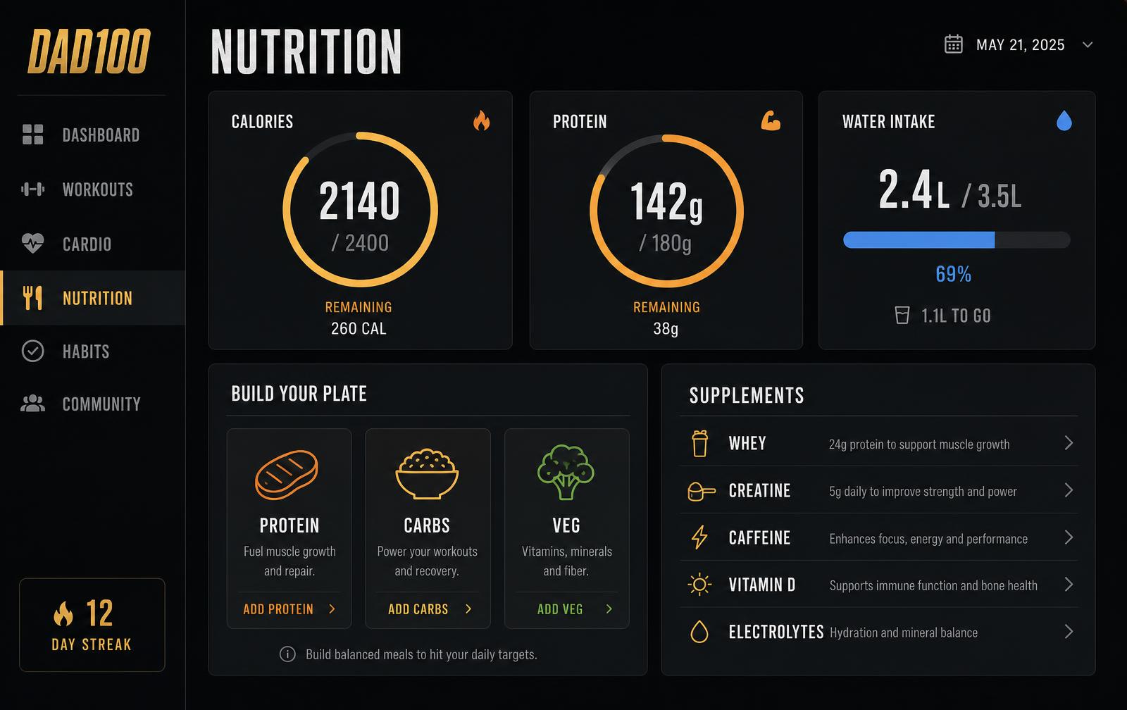 DAD100 nutrition and supplement guidance screen showing calorie and protein targets, meal building framework and supplement education