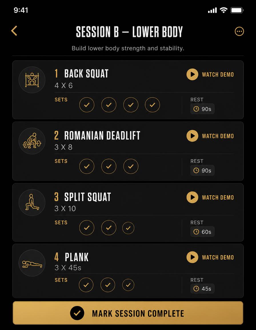 DAD100 workout screen on a phone showing the day's exercises, sets, reps and exercise demonstration videos